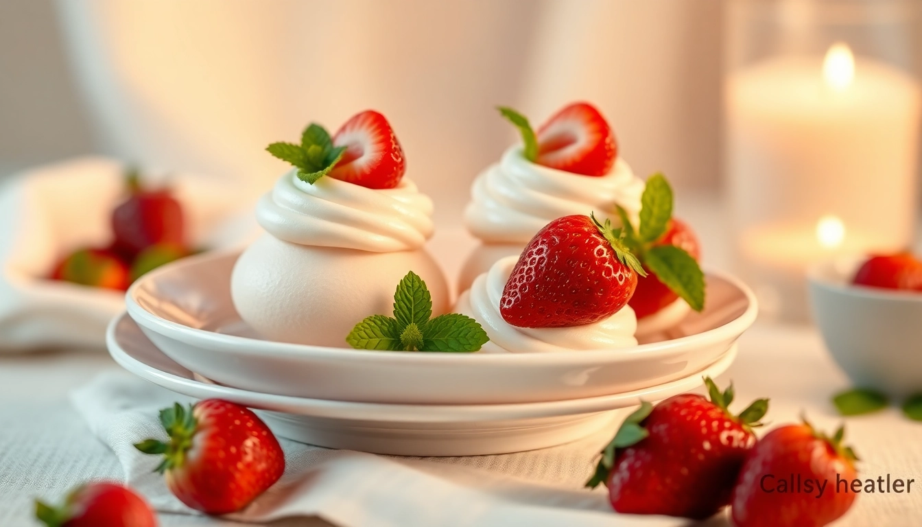 Mousseline dessert op een elegant bord met verse aardbeien en munt.