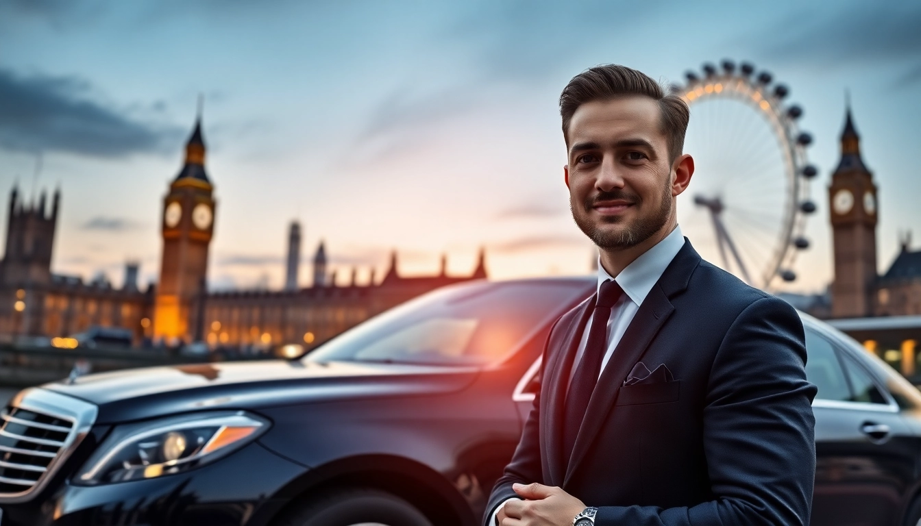 Experience luxury chauffeur service London with a professional driver in a sleek vehicle against iconic landmarks.