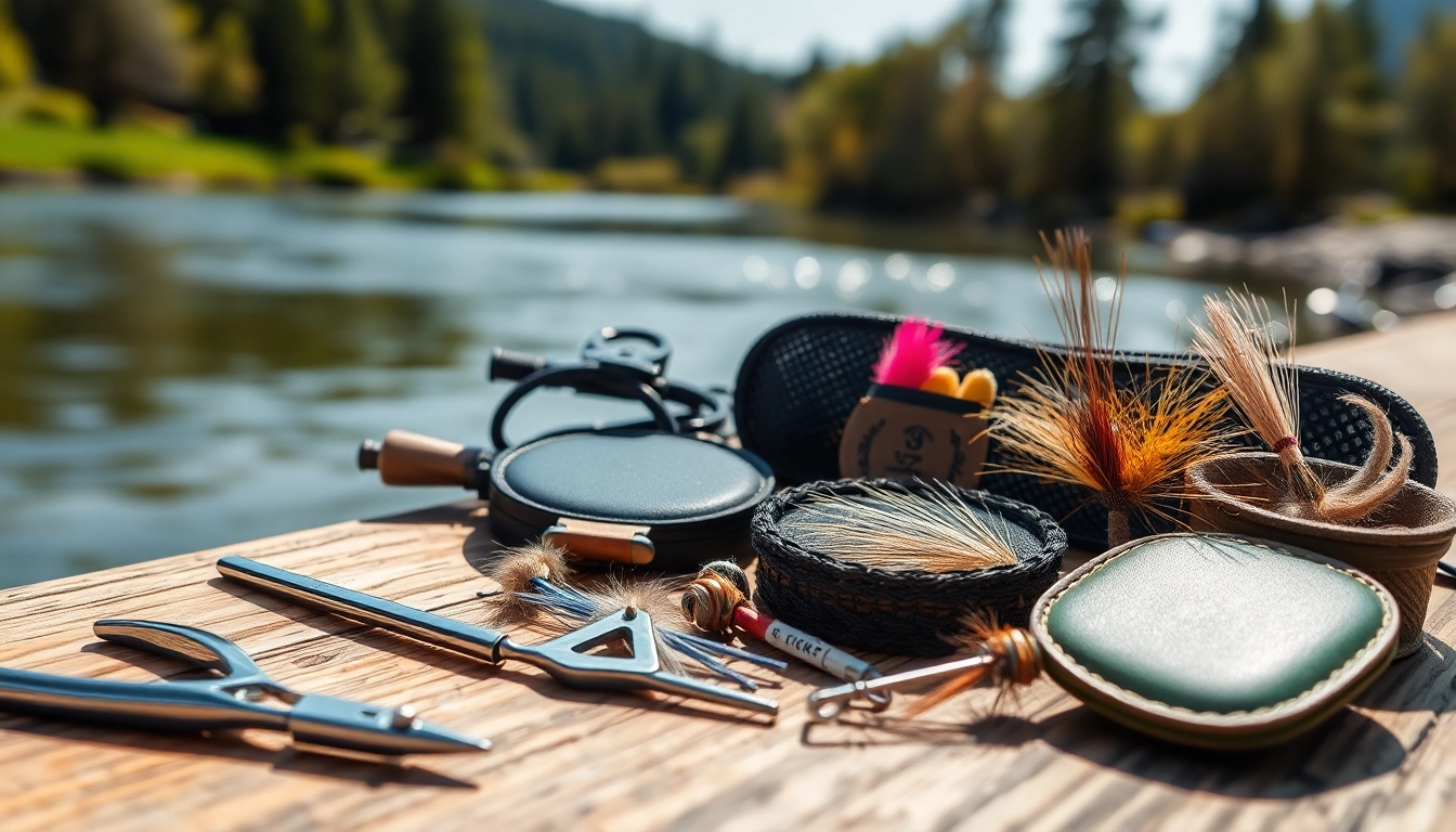 Explore essential fly fishing accessories arranged on a wooden table near a river.