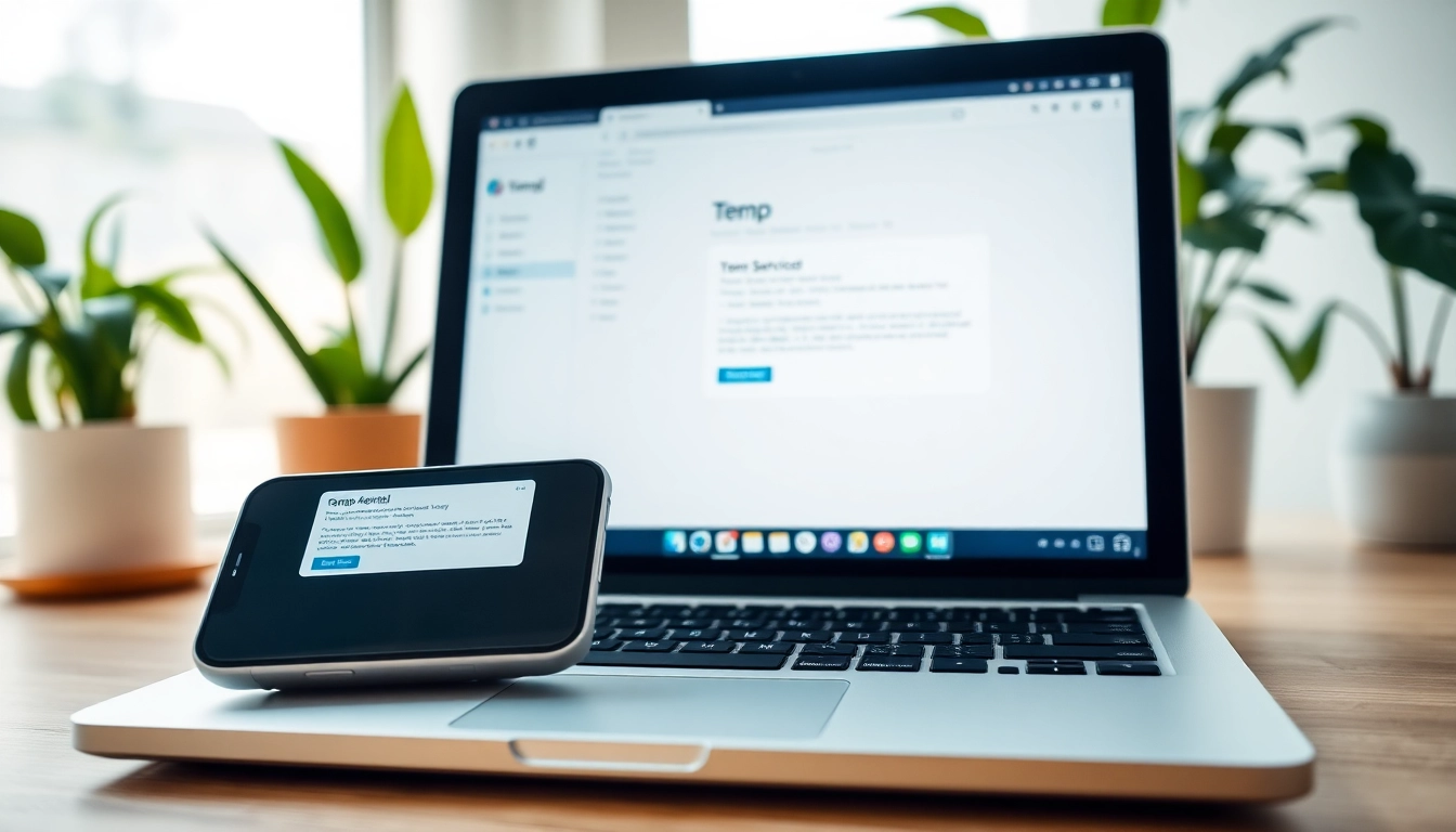 Showcasing a temp email service interface on a laptop, promoting secure email management.
